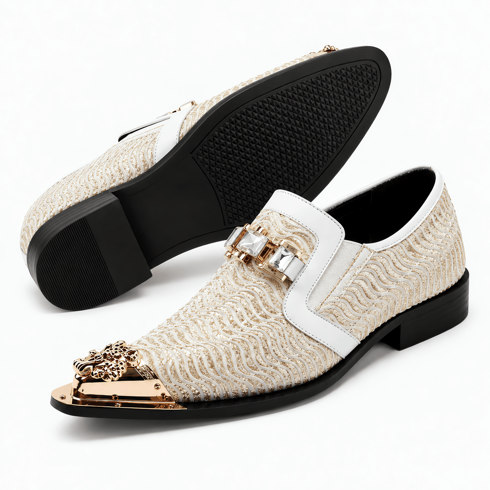 Gentry Morris Men's Beige Woven Slip-On Loafers with Gold Toe Cap