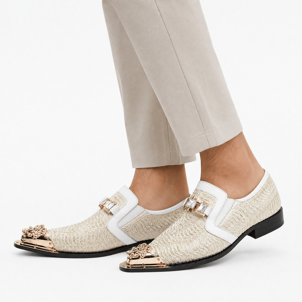 Gentry Morris Men's Beige Woven Slip-On Loafers with Gold Toe Cap
