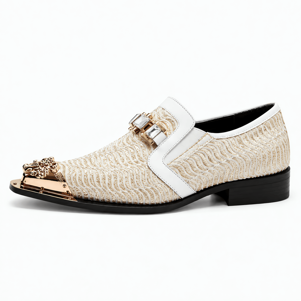 Gentry Morris Men's Beige Woven Slip-On Loafers with Gold Toe Cap