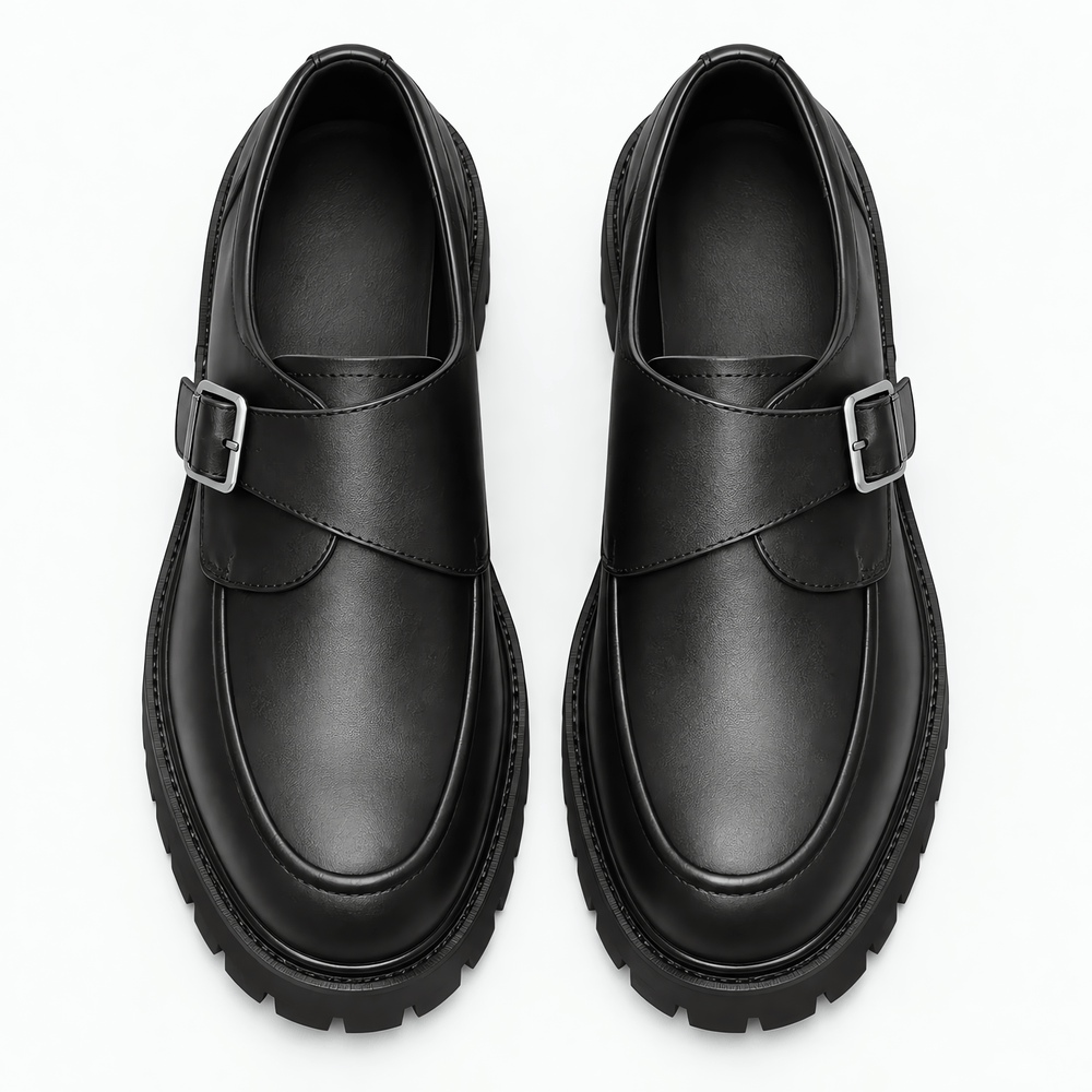 Gentry Morris Men's Black Monk Strap Platform Loafers with Chunky Lug Sole