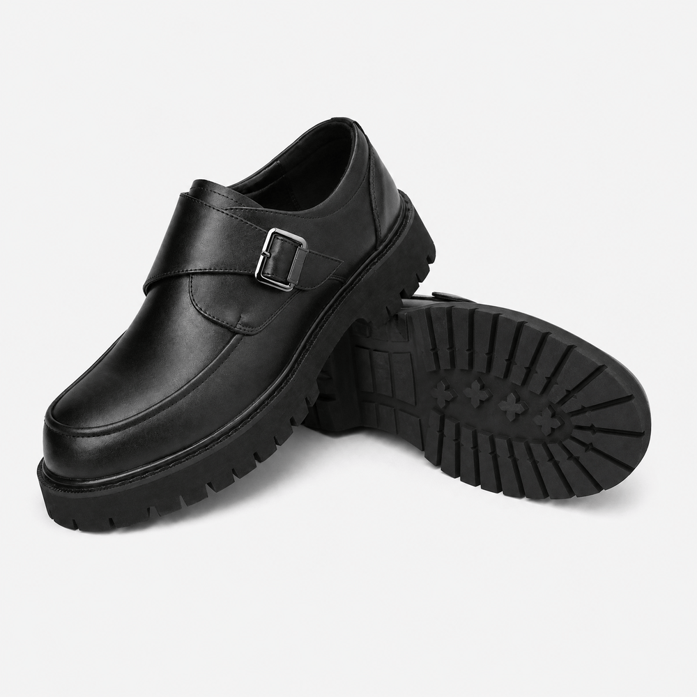 Gentry Morris Men's Black Monk Strap Platform Loafers with Chunky Lug Sole