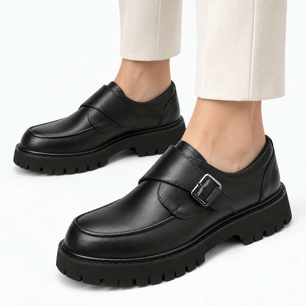 Gentry Morris Men's Black Monk Strap Platform Loafers with Chunky Lug Sole