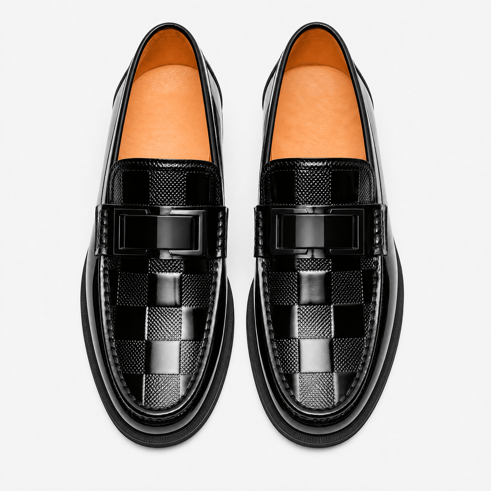 Gentry Morris Men's Black Patent Leather Slip-On Loafers with Checkerboard Vamp