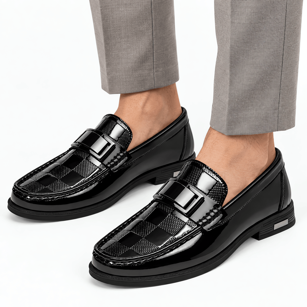 Gentry Morris Men's Black Patent Leather Slip-On Loafers with Checkerboard Vamp
