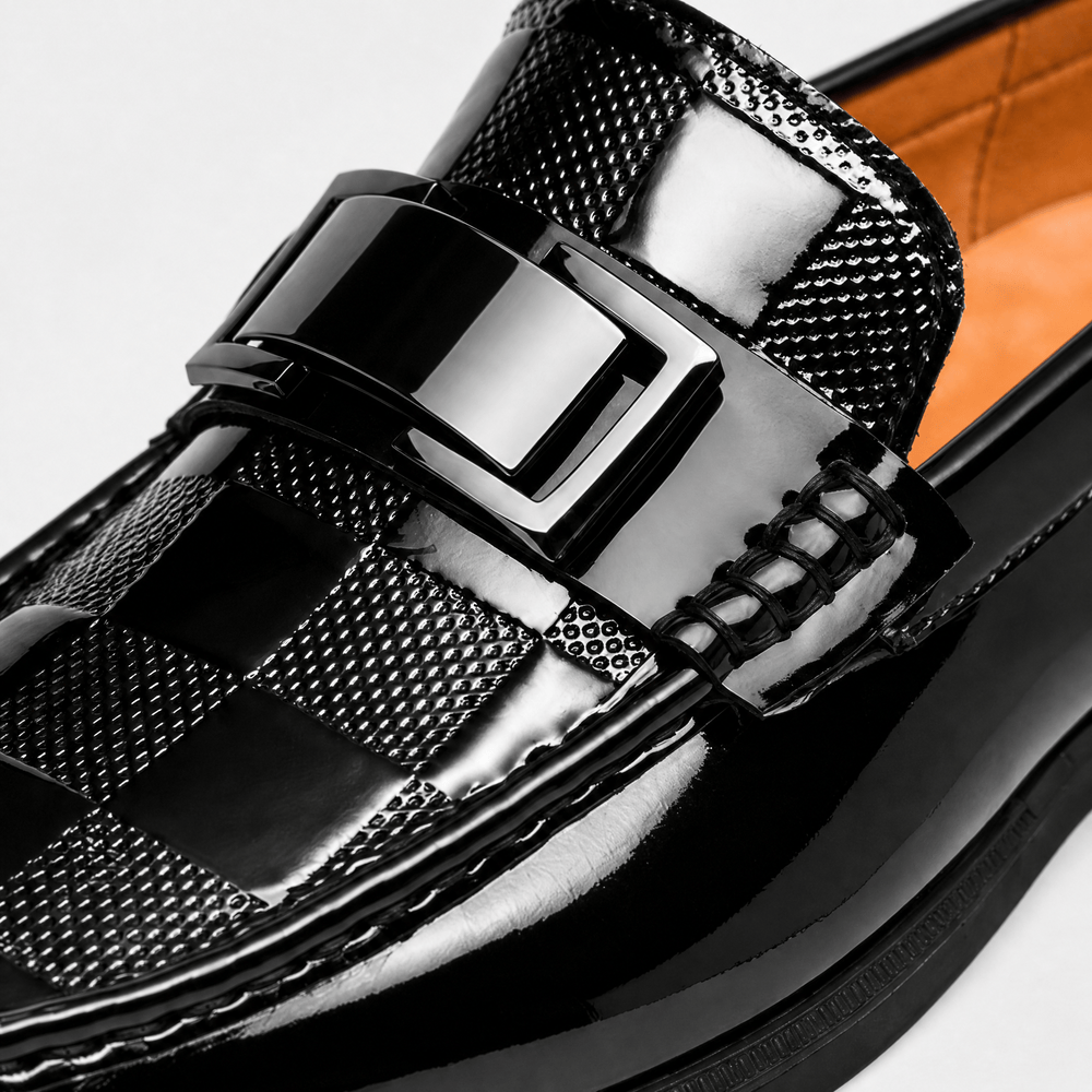 Gentry Morris Men's Black Patent Leather Slip-On Loafers with Checkerboard Vamp