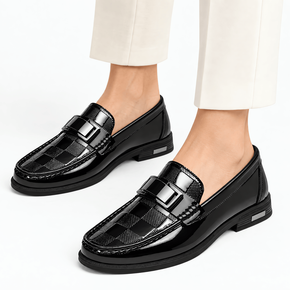 Gentry Morris Men's Black Patent Leather Slip-On Loafers with Checkerboard Vamp