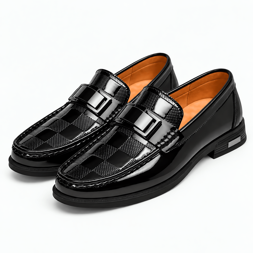 Gentry Morris Men's Black Patent Leather Slip-On Loafers with Checkerboard Vamp