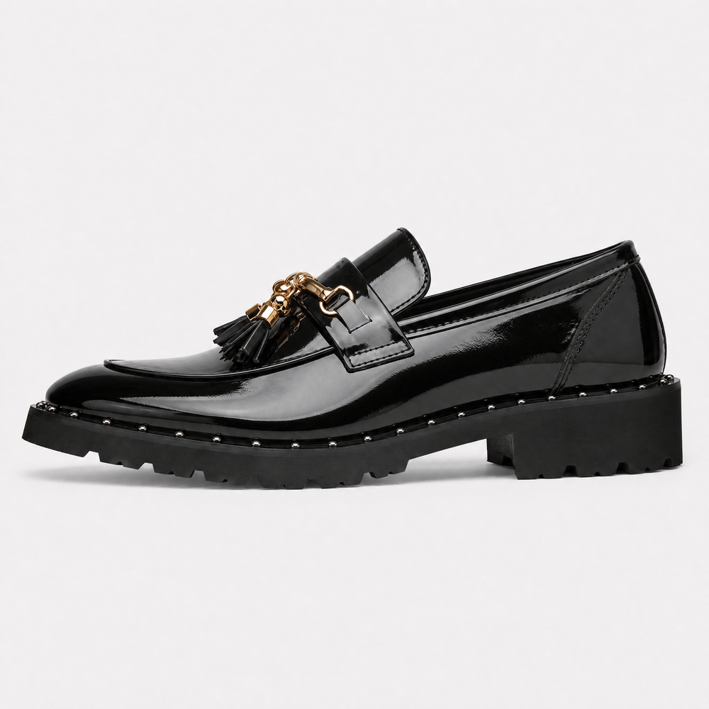 Gentry Morris Men's Black Patent Leather Tassel Loafers with Gold Skull Hardware