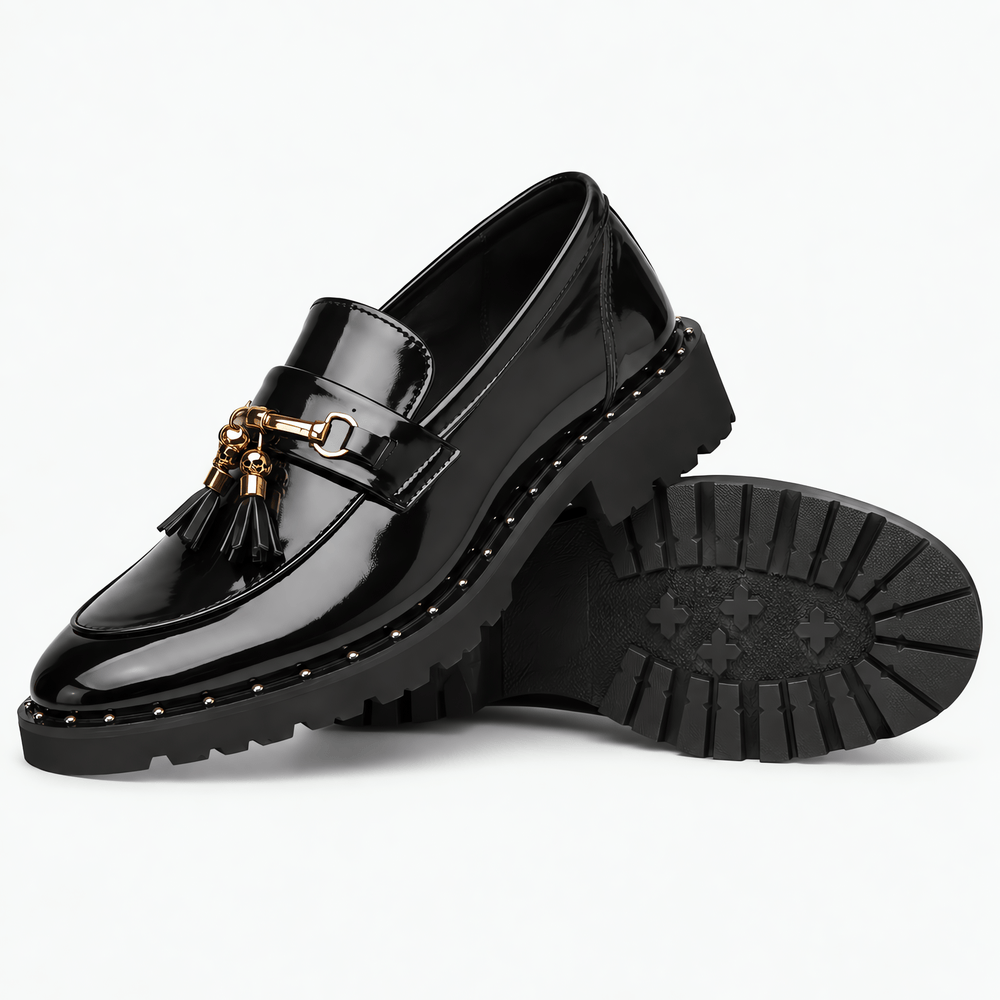 Gentry Morris Men's Black Patent Leather Tassel Loafers with Gold Skull Hardware