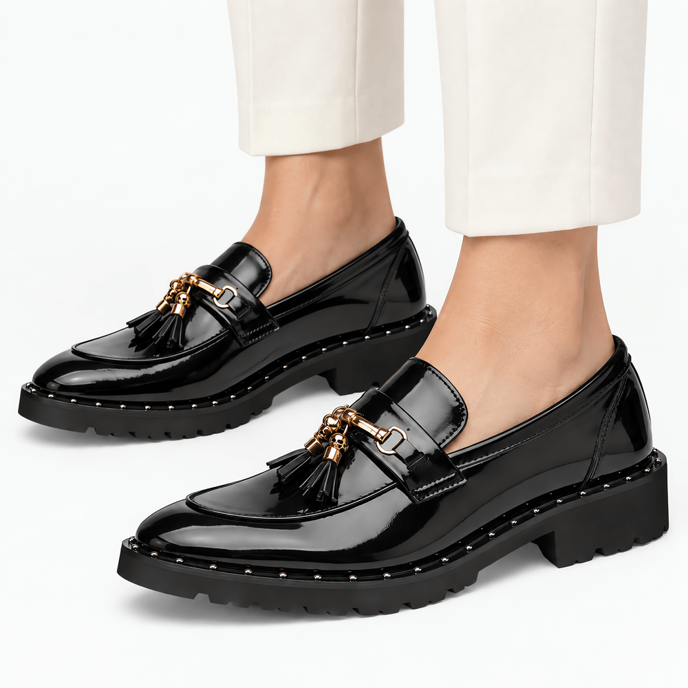 Gentry Morris Men's Black Patent Leather Tassel Loafers with Gold Skull Hardware