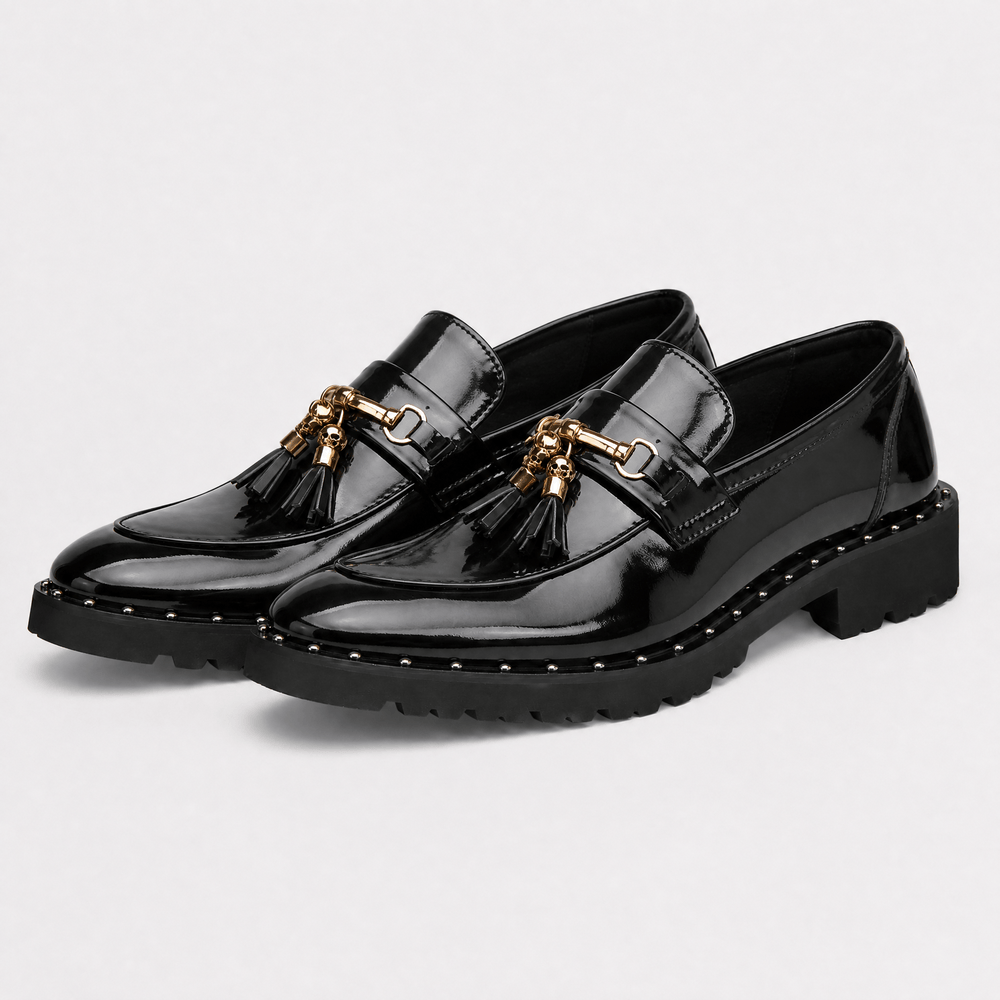 Gentry Morris Men's Black Patent Leather Tassel Loafers with Gold Skull Hardware