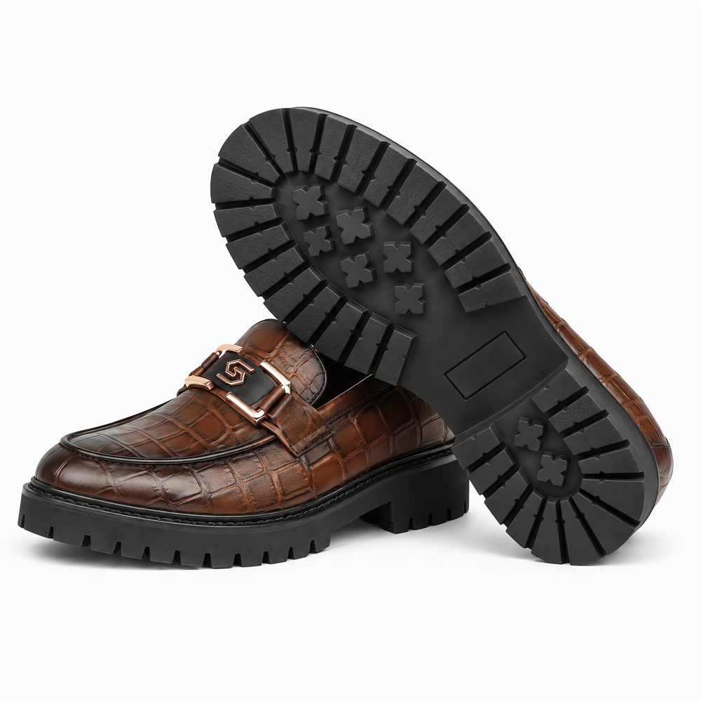Gentry Morris Men's Brown Crocodile-Embossed Patent Leather Platform Loafers
