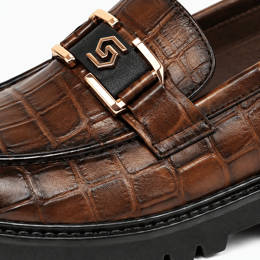 Gentry Morris Men's Brown Crocodile-Embossed Patent Leather Platform Loafers