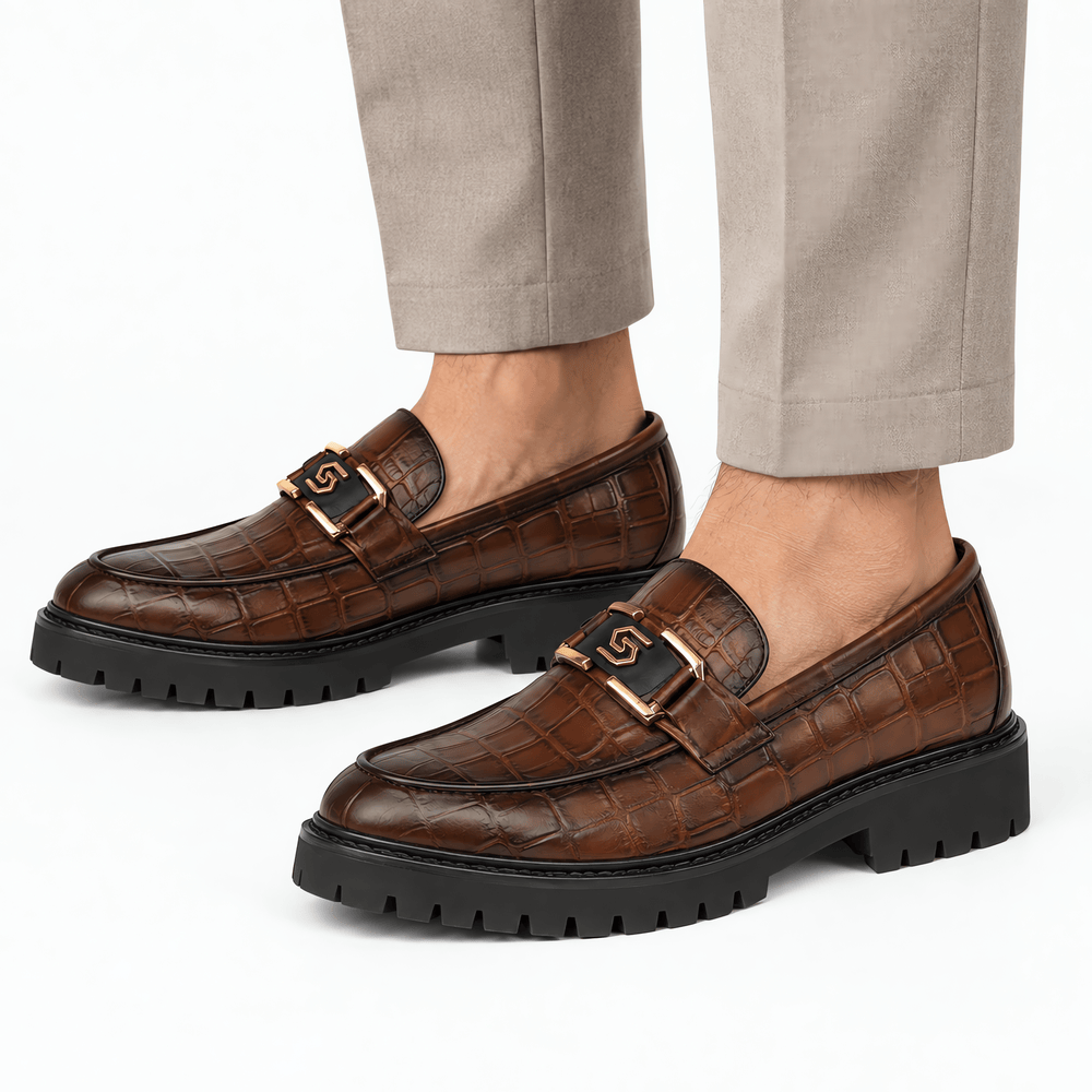 Gentry Morris Men's Brown Crocodile-Embossed Patent Leather Platform Loafers