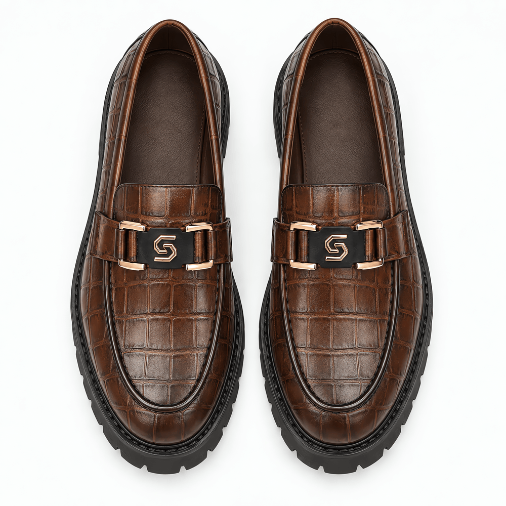Gentry Morris Men's Brown Crocodile-Embossed Patent Leather Platform Loafers