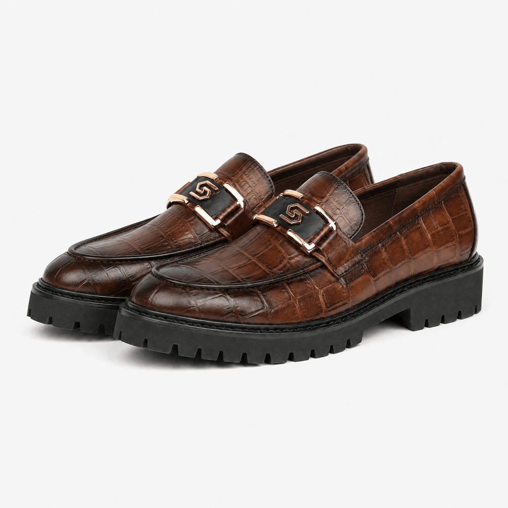 Gentry Morris Men's Brown Crocodile-Embossed Patent Leather Platform Loafers