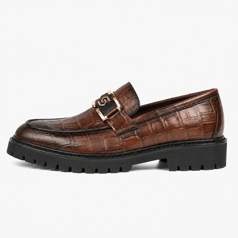 Gentry Morris Men's Brown Crocodile-Embossed Patent Leather Platform Loafers