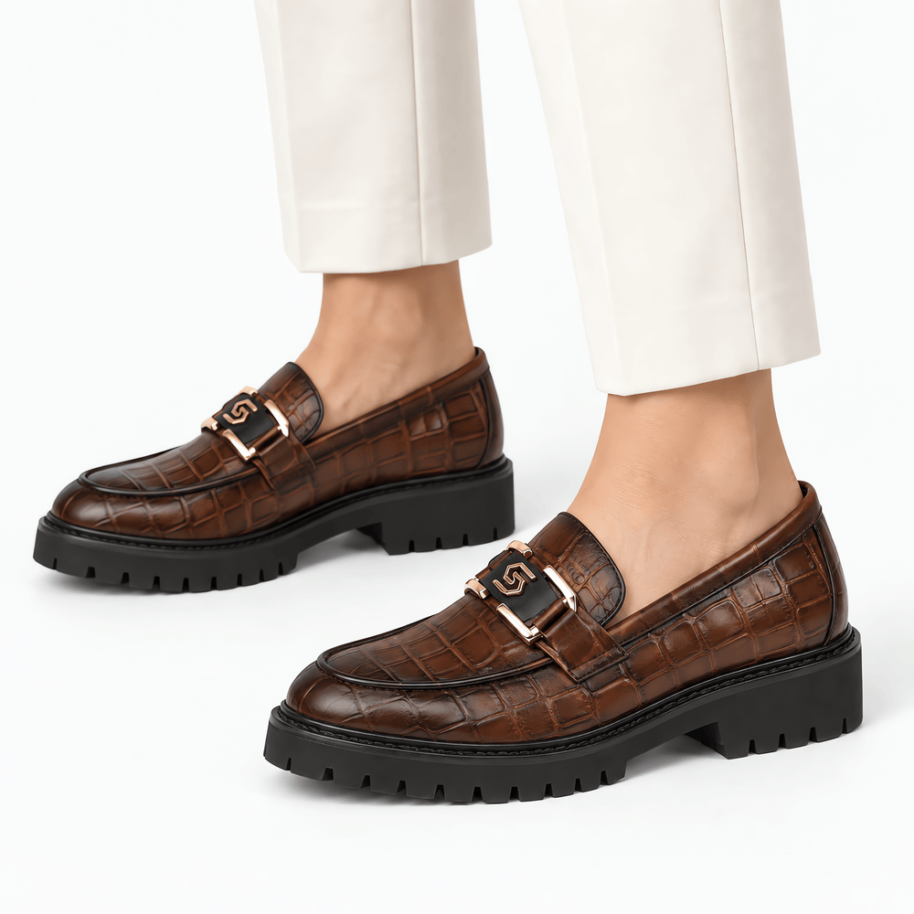 Gentry Morris Men's Brown Crocodile-Embossed Patent Leather Platform Loafers