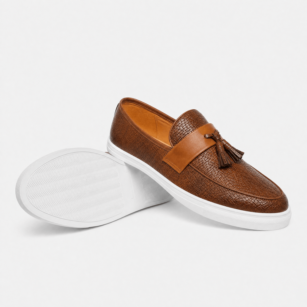 Gentry Morris Men's Brown Leather Woven Tassel Loafers with White Sole