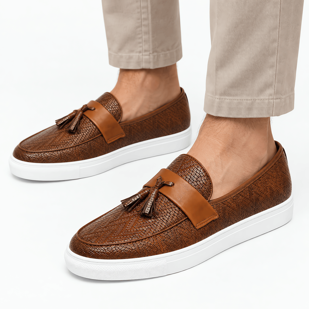 Gentry Morris Men's Brown Leather Woven Tassel Loafers with White Sole