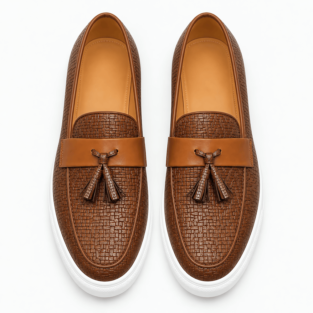 Gentry Morris Men's Brown Leather Woven Tassel Loafers with White Sole