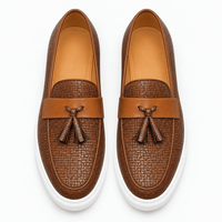 Gentry Morris Men's Brown Leather Woven Tassel Loafers with White Sole