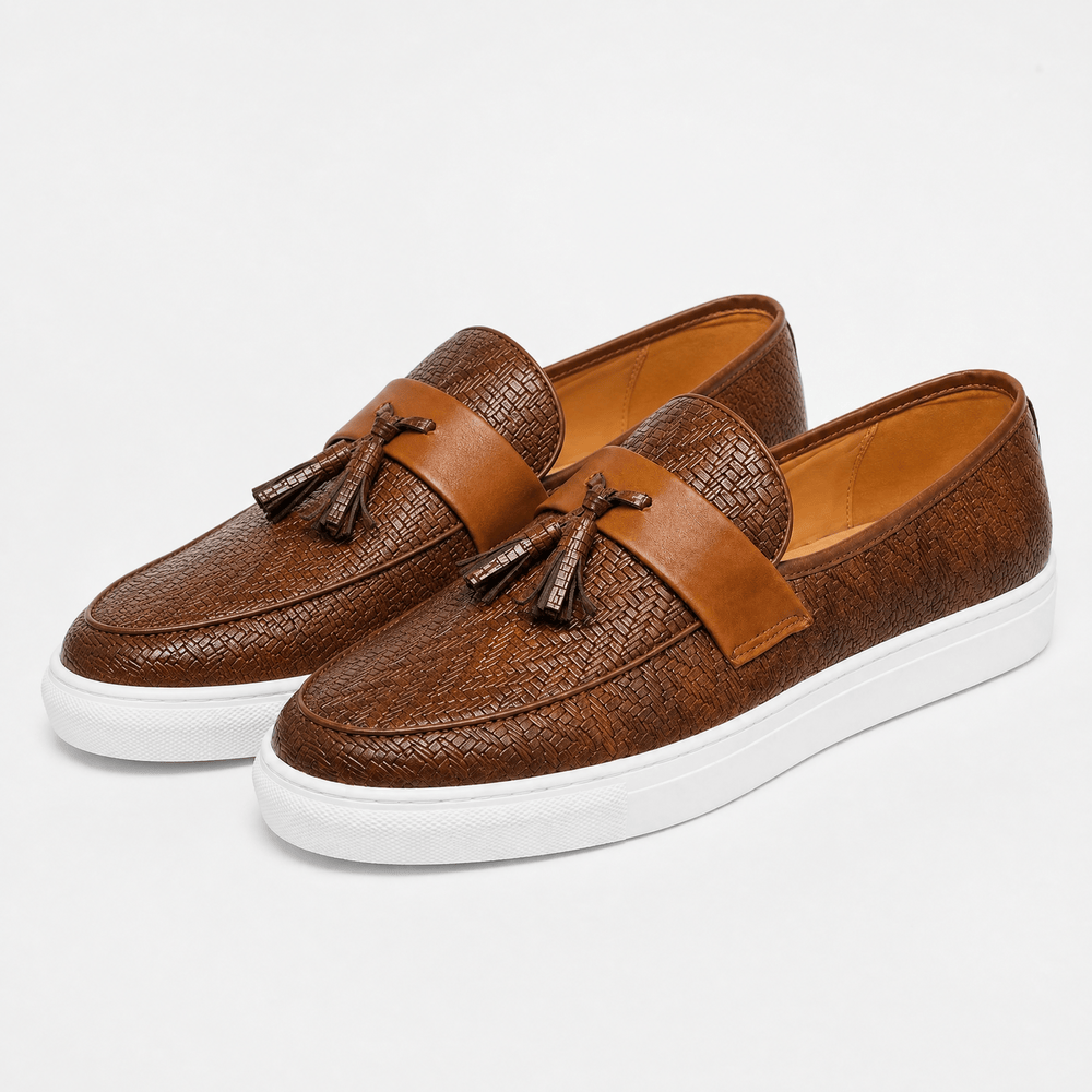 Gentry Morris Men's Brown Leather Woven Tassel Loafers with White Sole