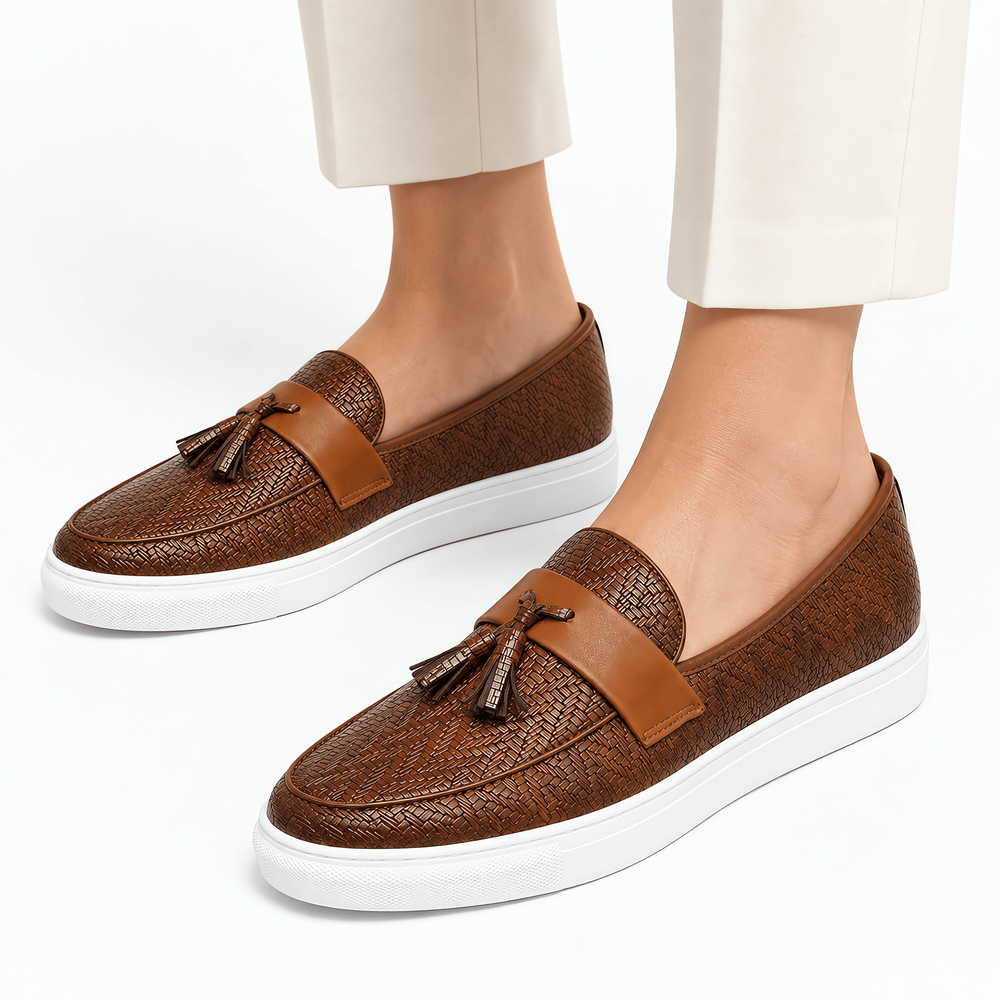 Gentry Morris Men's Brown Leather Woven Tassel Loafers with White Sole