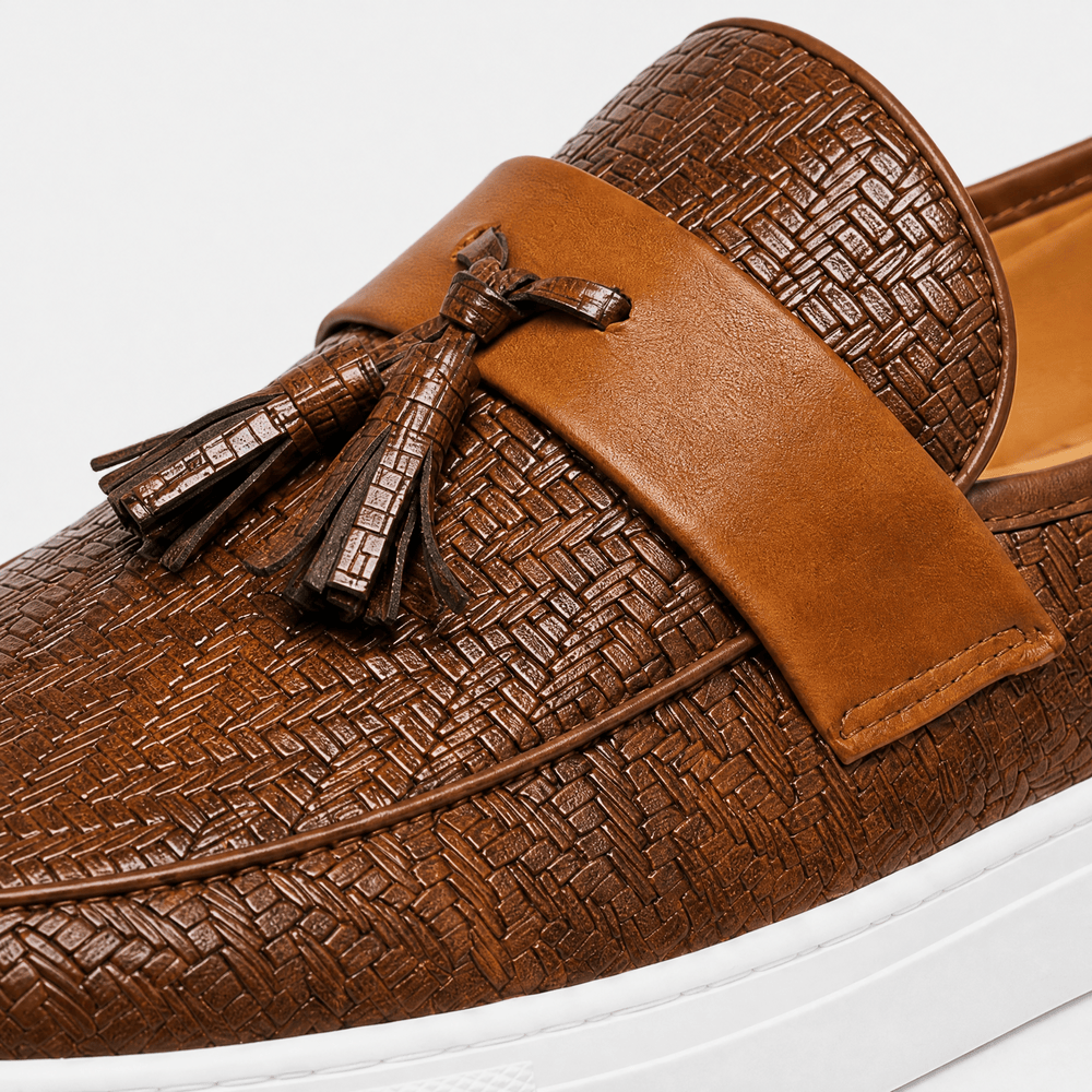 Gentry Morris Men's Brown Leather Woven Tassel Loafers with White Sole