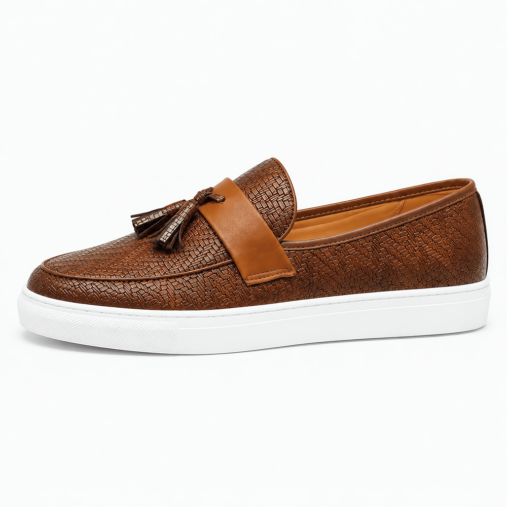 Gentry Morris Men's Brown Leather Woven Tassel Loafers with White Sole