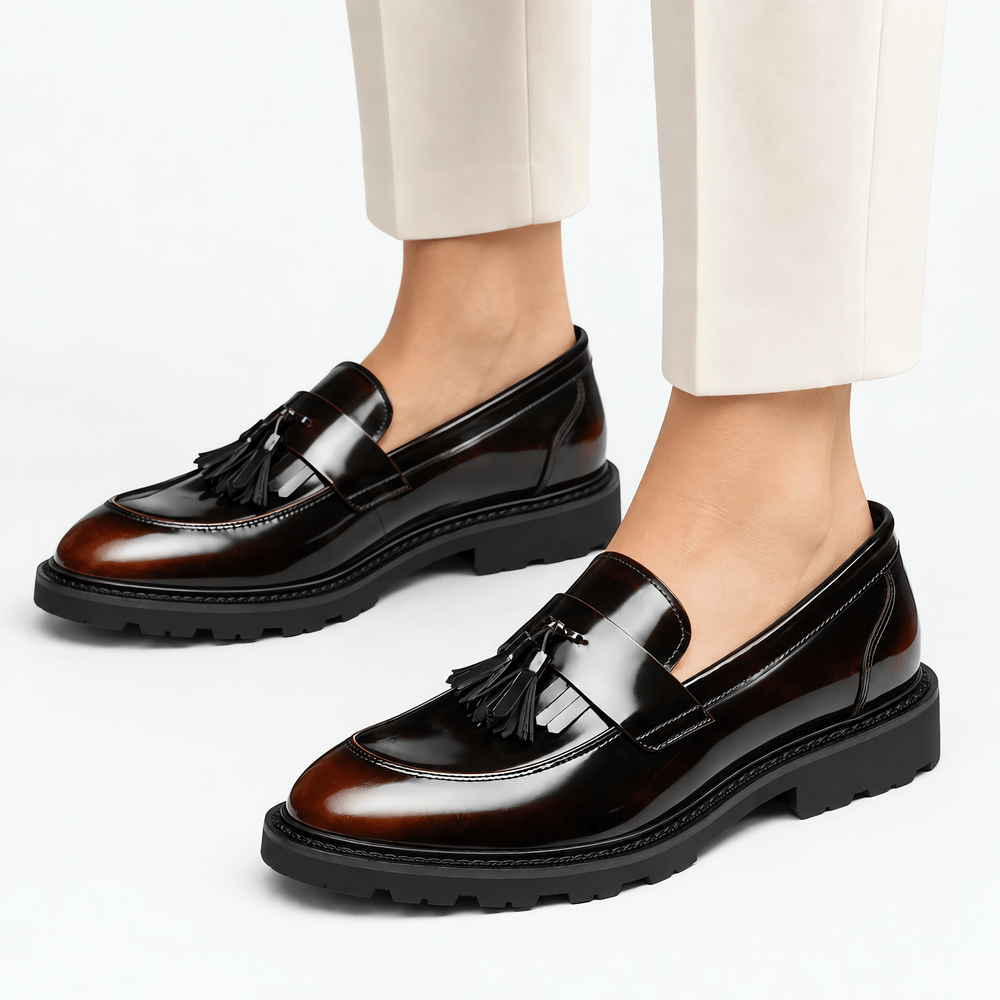 Gentry Morris Men's Brown Patent Leather Tassel Loafers with Lug Sole