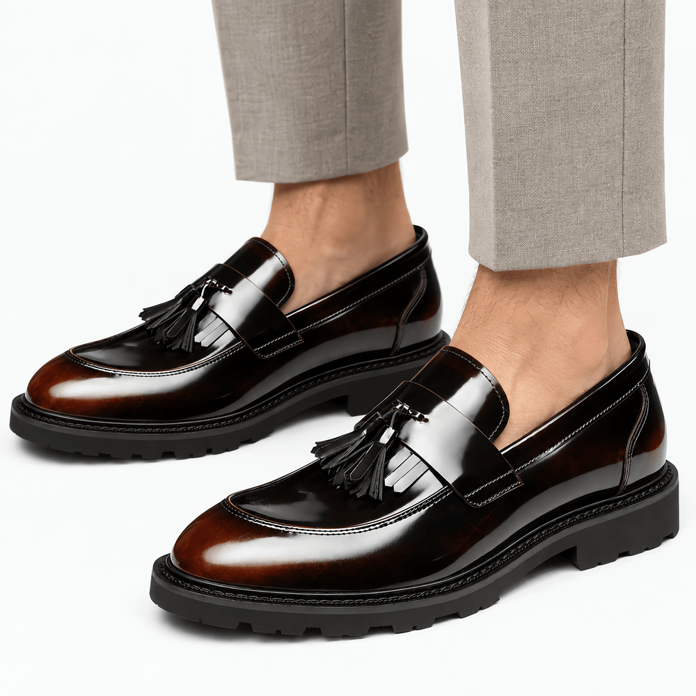 Gentry Morris Men's Brown Patent Leather Tassel Loafers with Lug Sole
