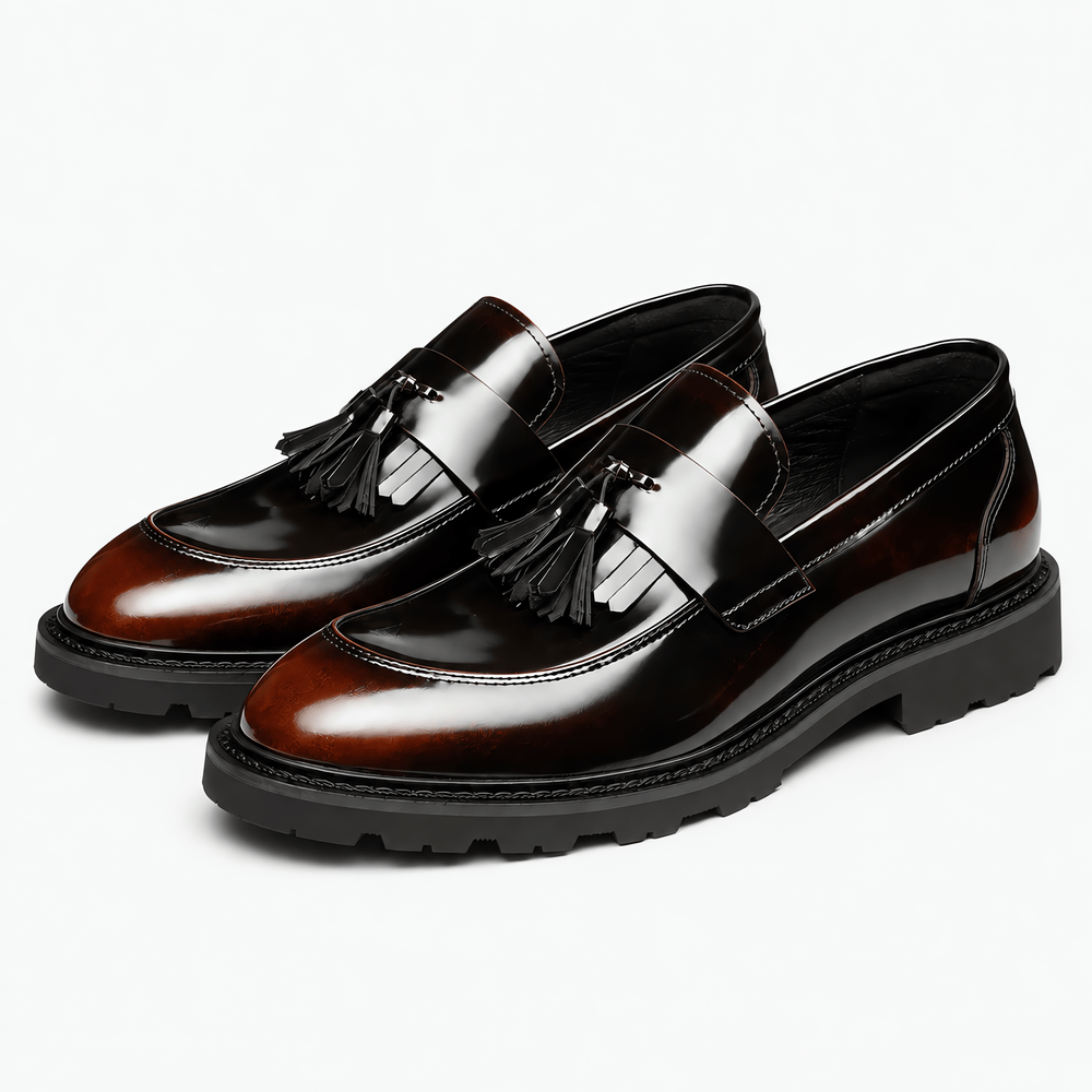 Gentry Morris Men's Brown Patent Leather Tassel Loafers with Lug Sole