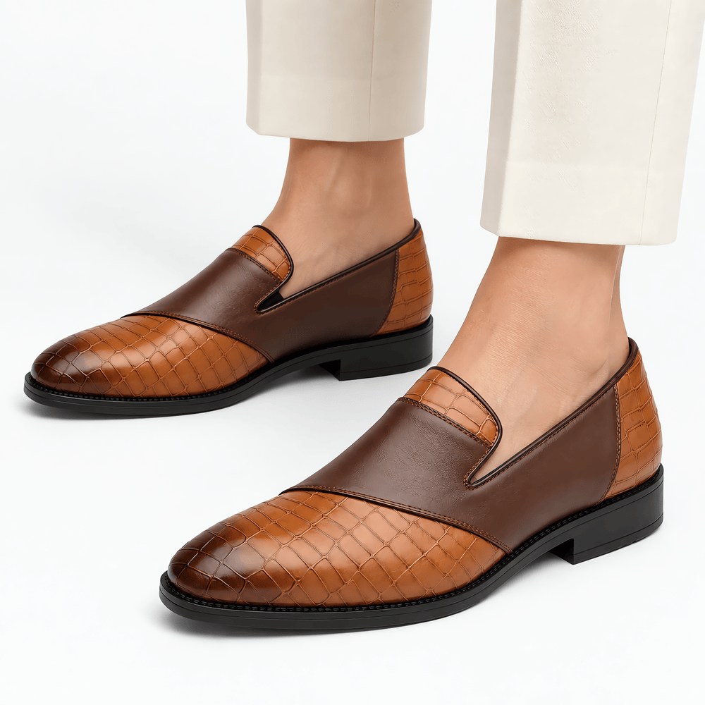 Gentry Morris Men's Brown Tan Crocodile-Embossed Leather Slip-On Loafers