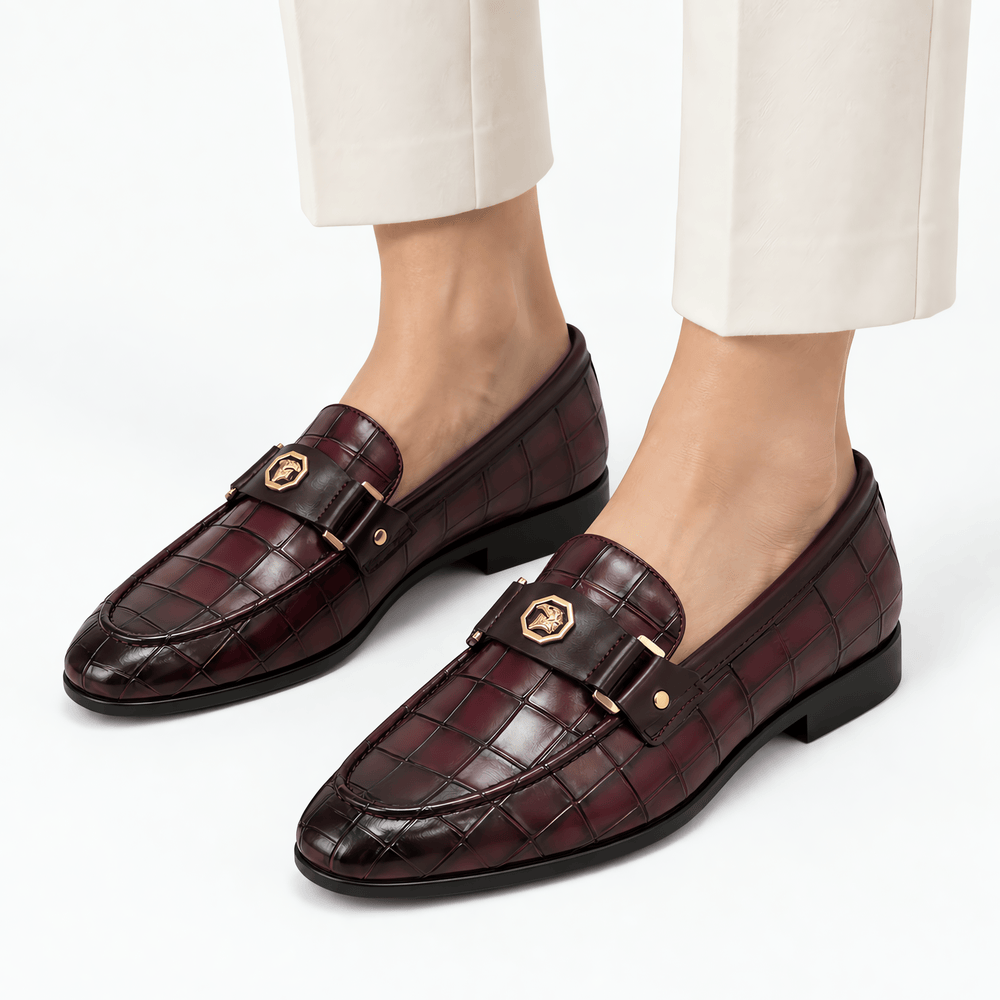Gentry Morris Men's Burgundy Croc-Embossed Leather Slip-On Loafers