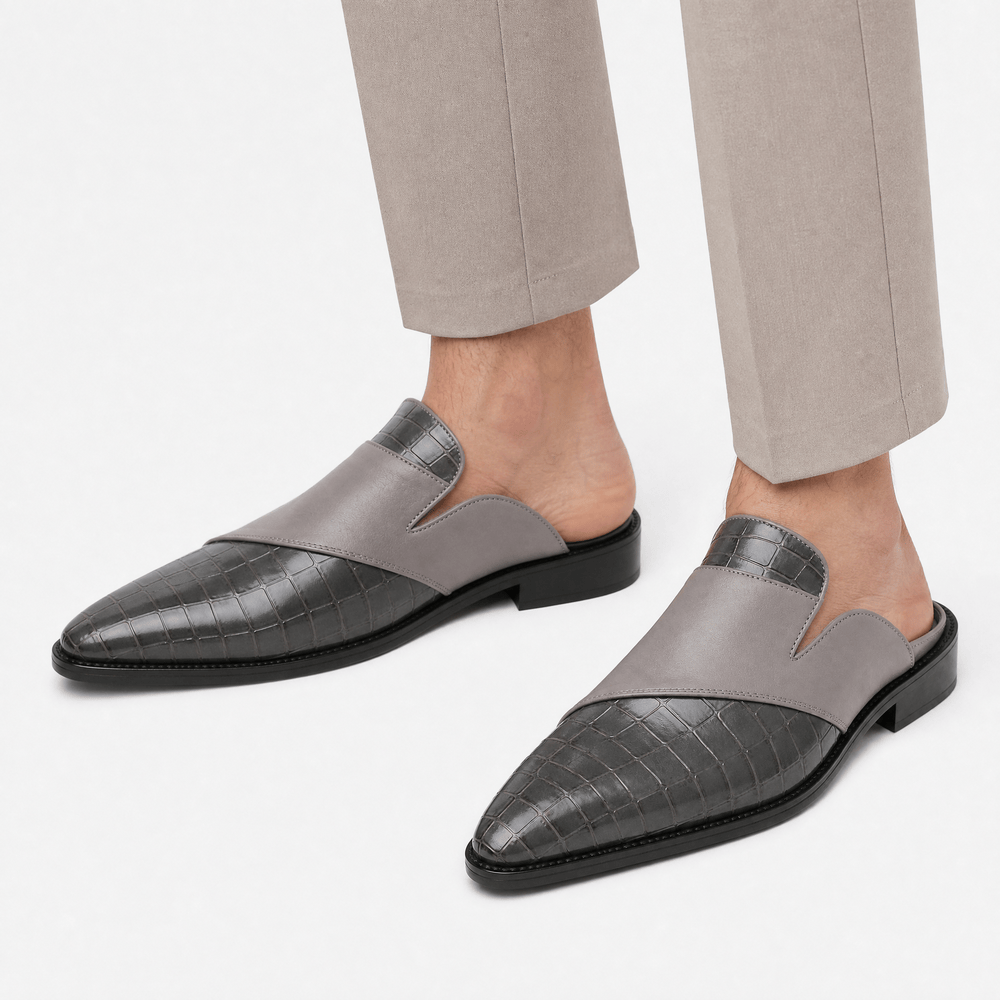 Gentry Morris Men's Grey Croc-Embossed Backless Pointed Toe Loafers