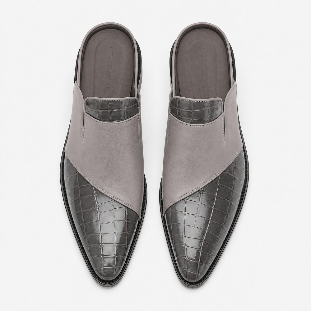 Gentry Morris Men's Grey Croc-Embossed Backless Pointed Toe Loafers