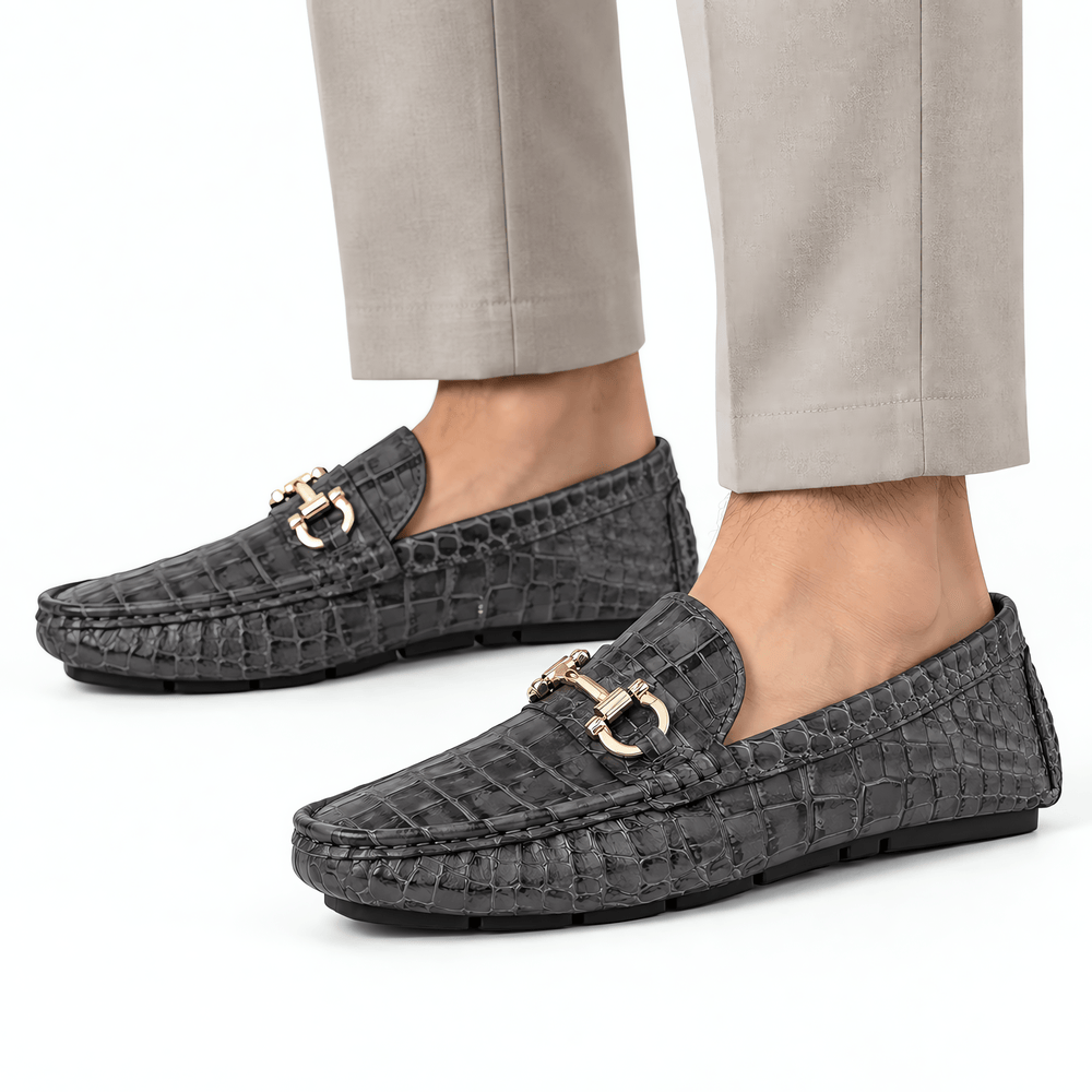 Gentry Morris Men's Grey Patent Leather Croc Print Driving Loafers