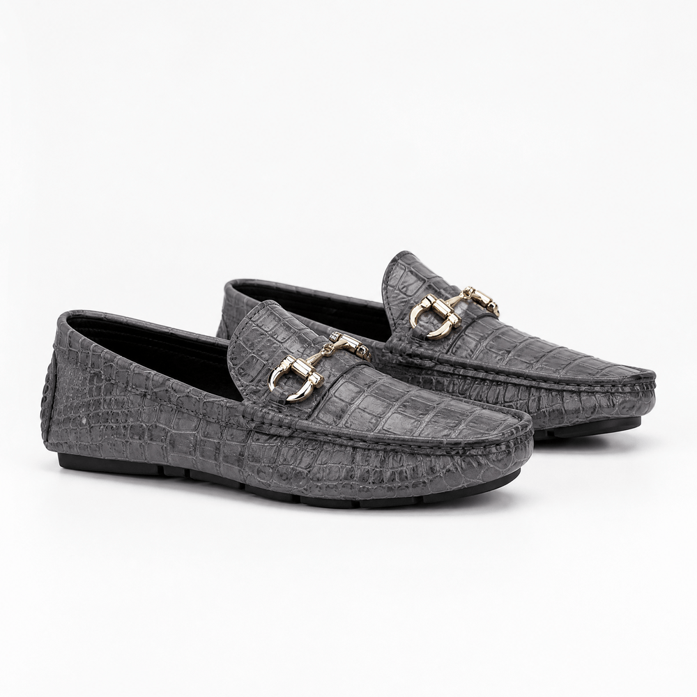 Gentry Morris Men's Grey Patent Leather Croc Print Driving Loafers