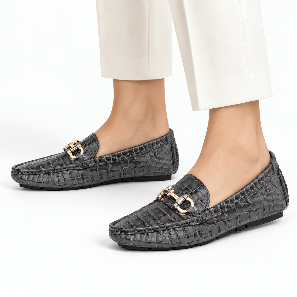 Gentry Morris Men's Grey Patent Leather Croc Print Driving Loafers