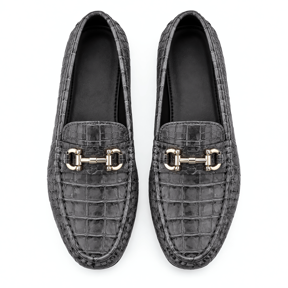 Gentry Morris Men's Grey Patent Leather Croc Print Driving Loafers