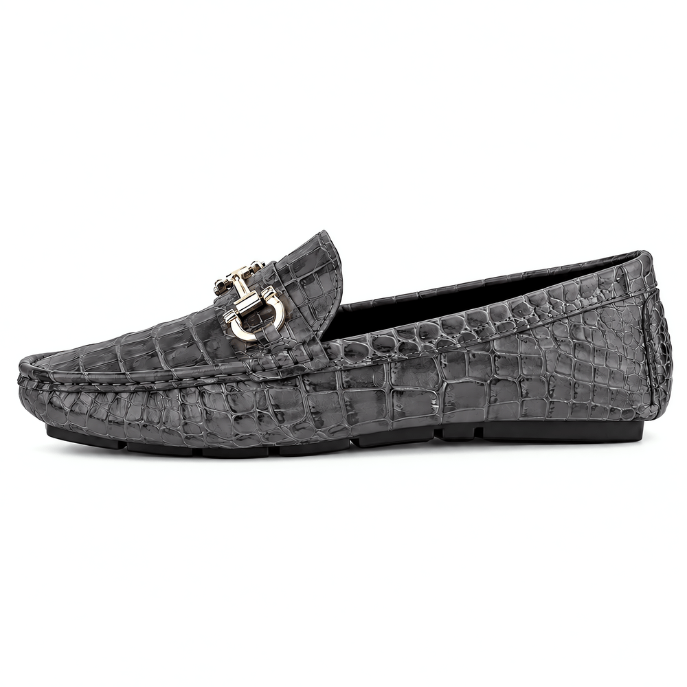 Gentry Morris Men's Grey Patent Leather Croc Print Driving Loafers