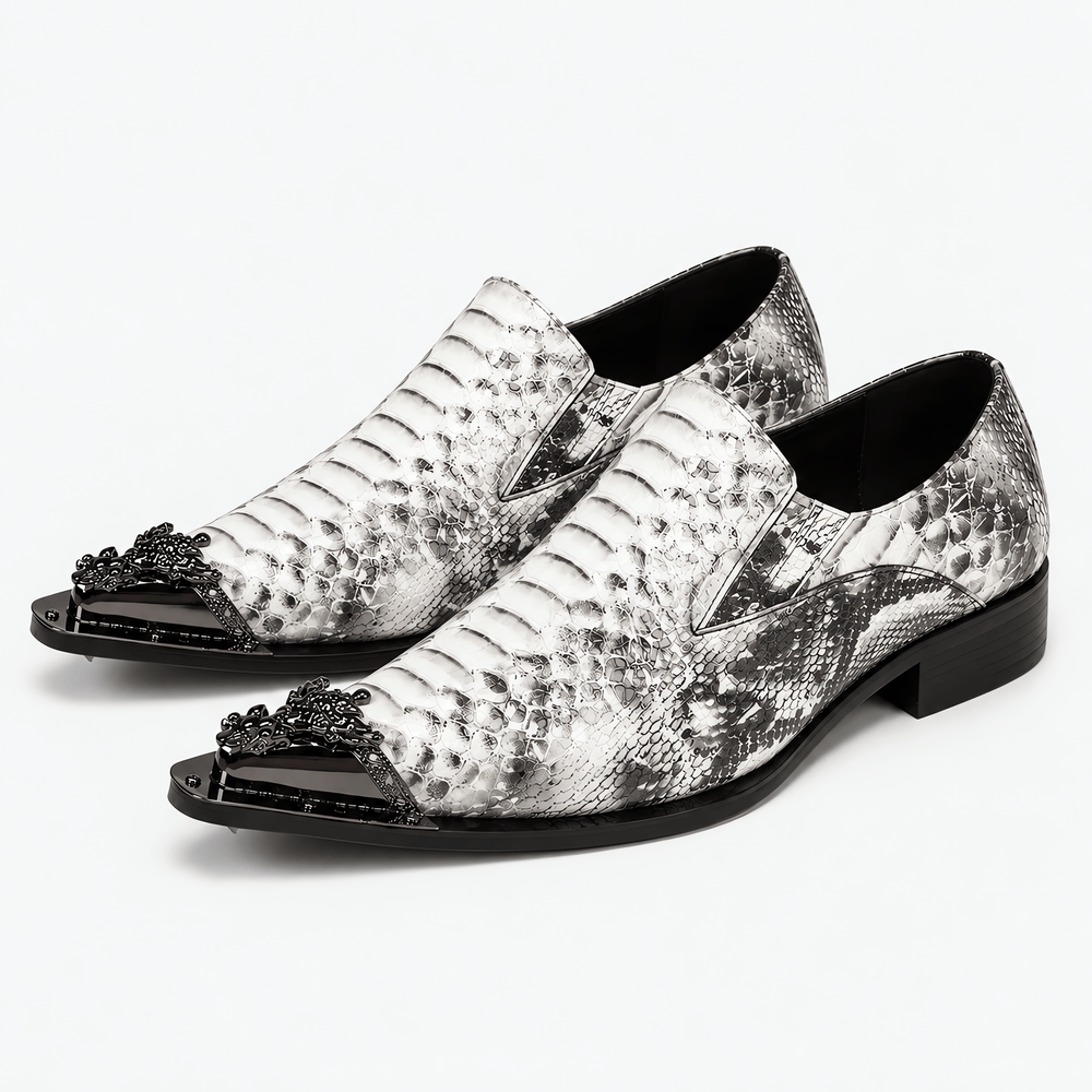 Gentry Morris Men's Grey Snakeskin Patent Leather Pointed Toe Slip-On Loafers