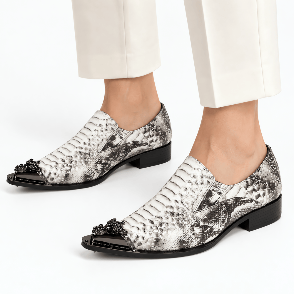 Gentry Morris Men's Grey Snakeskin Patent Leather Pointed Toe Slip-On Loafers