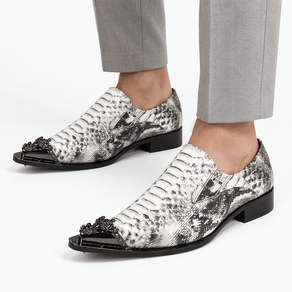 Gentry Morris Men's Grey Snakeskin Patent Leather Pointed Toe Slip-On Loafers