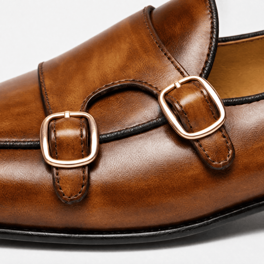 Gentry Morris Men's Handmade Brown Genuine Leather Double Monk Strap Loafers