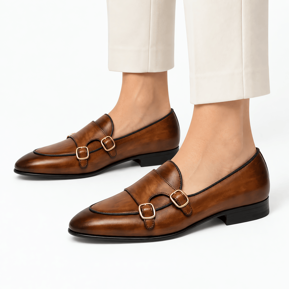 Gentry Morris Men's Handmade Brown Genuine Leather Double Monk Strap Loafers
