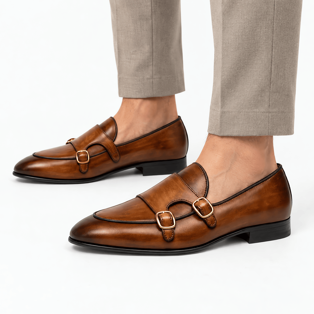 Gentry Morris Men's Handmade Brown Genuine Leather Double Monk Strap Loafers