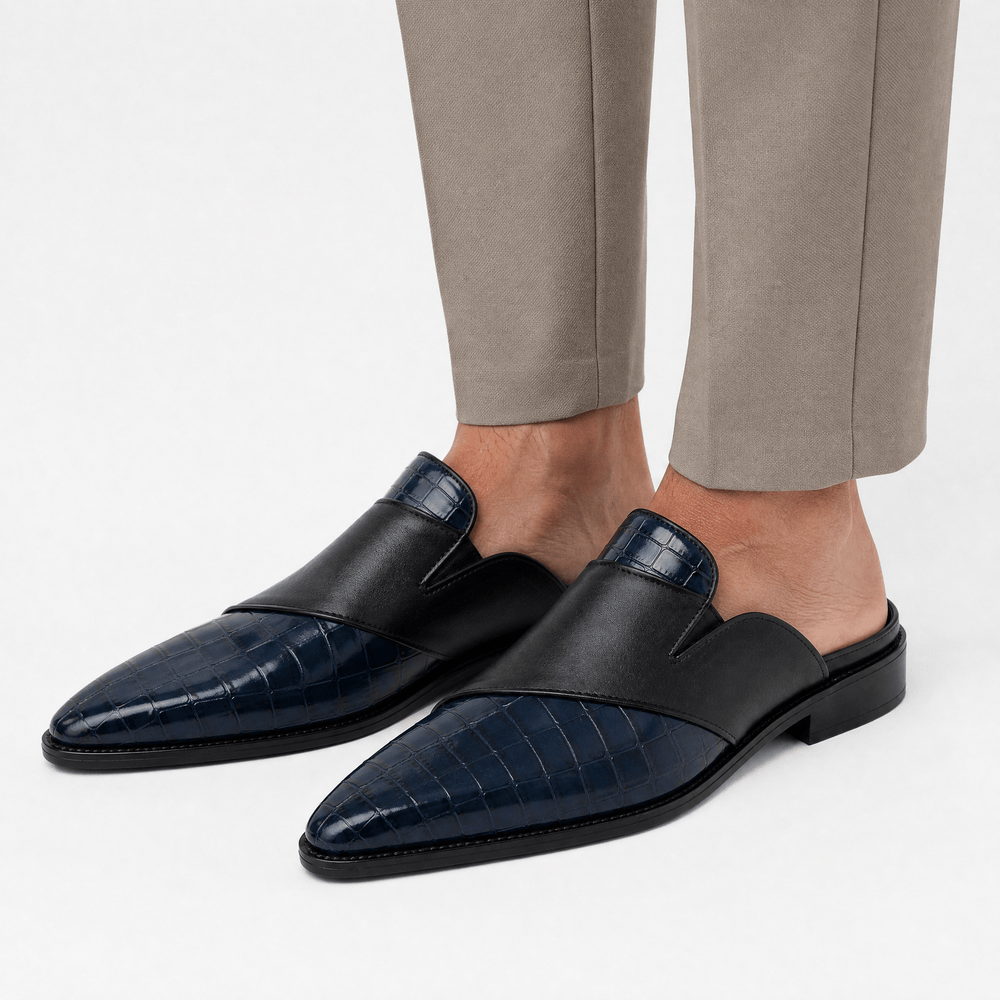 Gentry Morris Men's Navy & Black Crocodile-Embossed Pointed Toe Mule Loafers