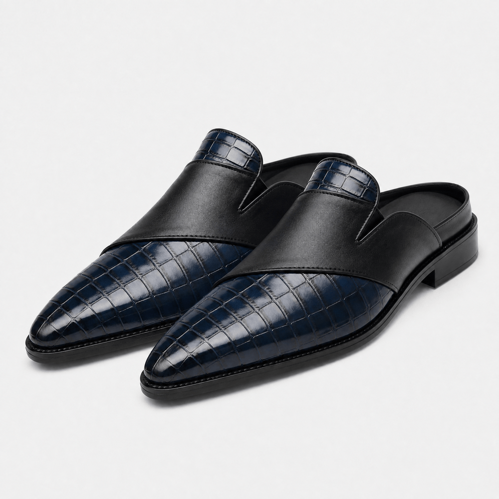 Gentry Morris Men's Navy & Black Crocodile-Embossed Pointed Toe Mule Loafers